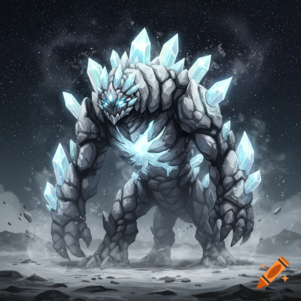 A large, formidable monster made of dark rock and glowing blue crystals stands on a barren, lunar landscape under a starry sky. Stylized digital art.