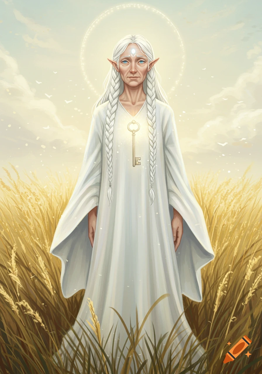An elderly elf-like woman in white with braided hair and a glowing key over her chest, standing in a wheat field under a bright sky.