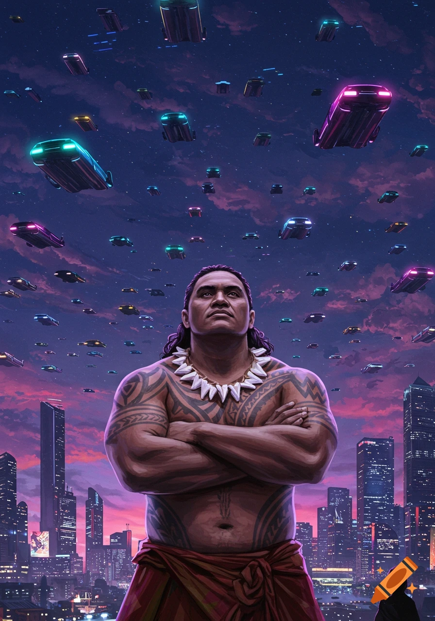 A powerful Samoan man with traditional tattoos and a bone necklace stands with arms crossed, looking up at a vibrant purple and pink sky filled with many glowing futuristic flying cars above a sprawling neon cityscape at dusk.