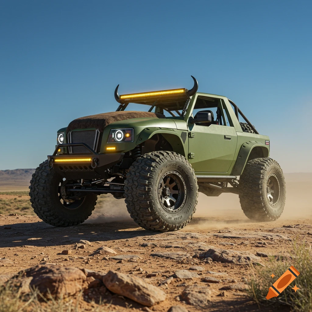 A customized, army green off-road truck with large tires and bull horns mounted on the roof, drives across a rocky desert landscape under a clear blue sky.