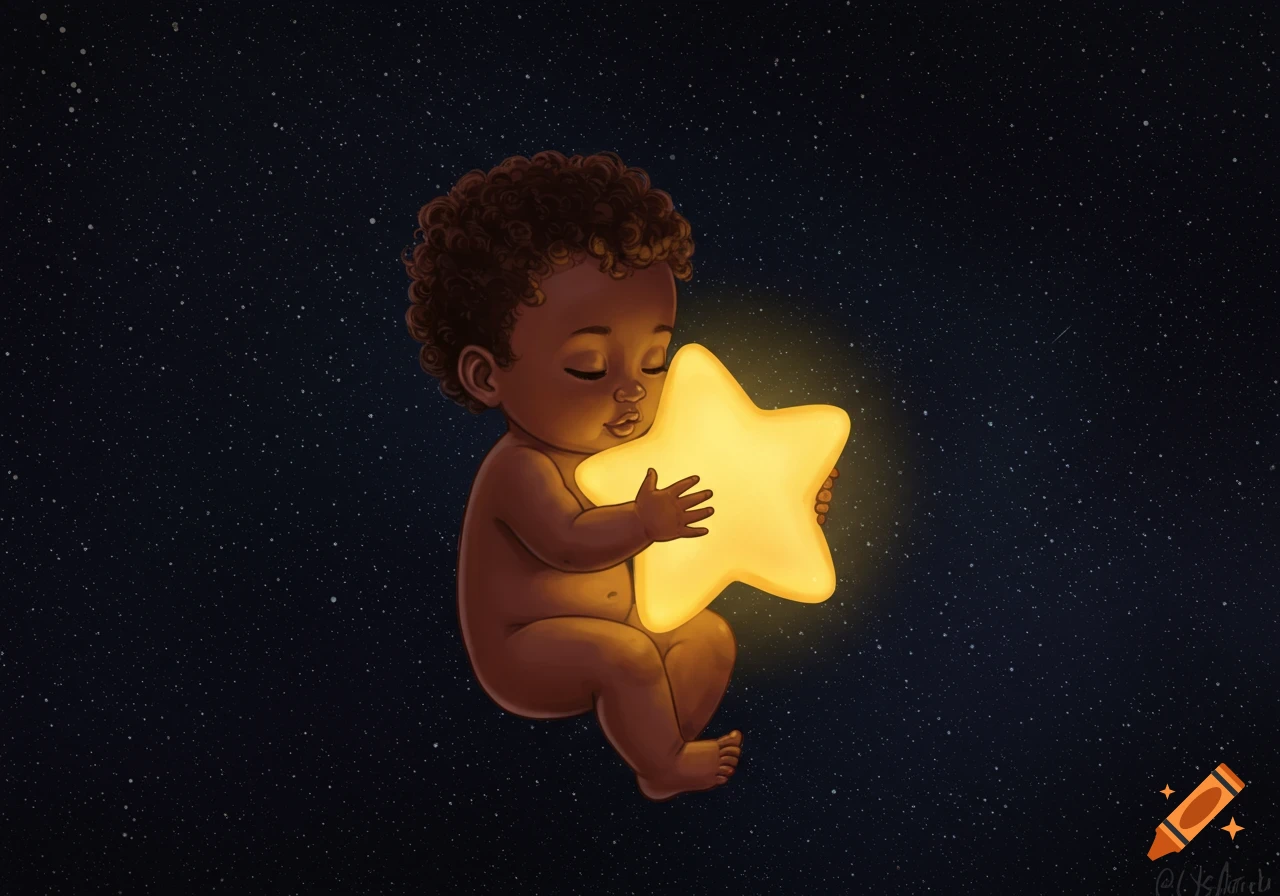 An illustration of a serene brown-skinned baby floating in starry space, gently holding a glowing yellow star.