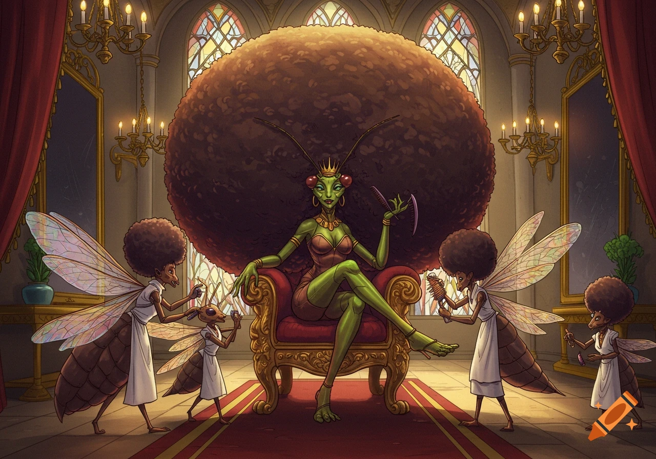 A female anthropomorphic mantis queen with a massive afro sits on a throne, having her hair styled by smaller insect servants in a castle.