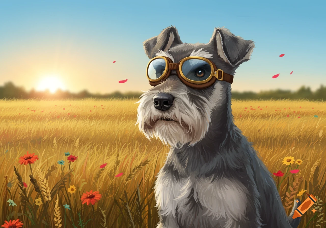 An illustrated Schnauzer dog wearing vintage aviator goggles sits in a golden field of wheat and wildflowers at sunset.