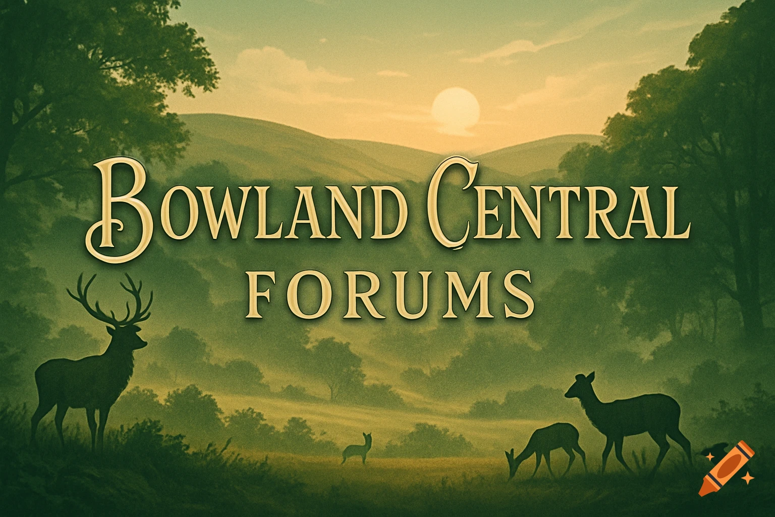 Golden text 'BOWLAND CENTRAL FORUMS' on a misty green forest banner with deer silhouettes and a setting sun.