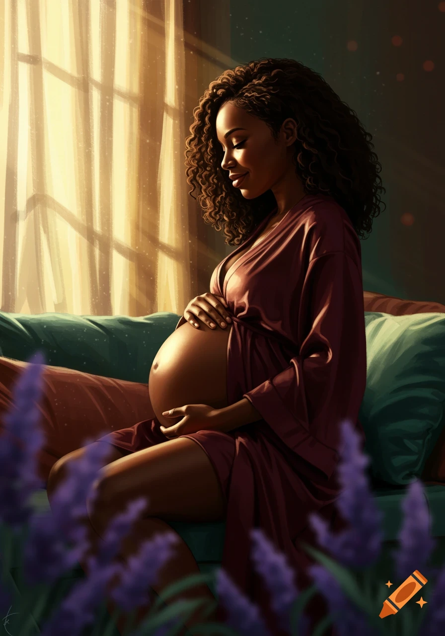 A pregnant Black woman sits by a sunlit window, gently holding her belly. Digital painting.