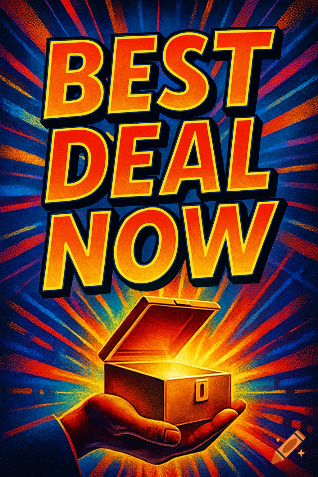 Vibrant promotional image with 'BEST DEAL NOW' text above a hand holding an open, glowing treasure chest, set against a radiating blue and orange background.