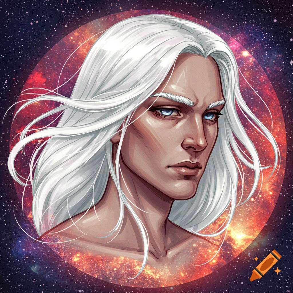 Digital art portrait of a person with long white hair and blue eyes, set against a starry, colorful cosmic background.