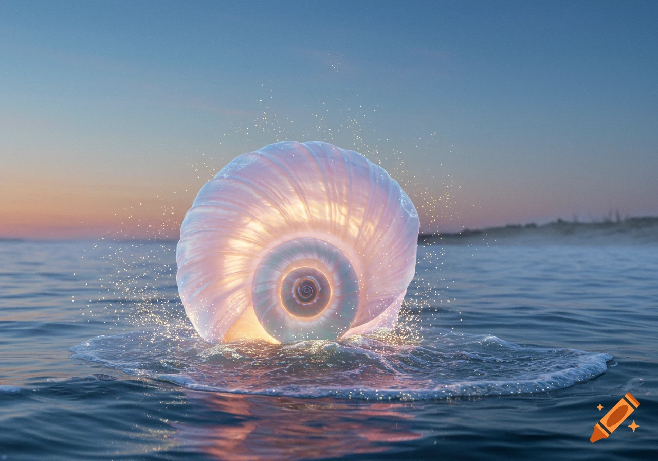 A glowing, iridescent seashell rests on the surface of calm ocean water at sunset, sparkling with light.