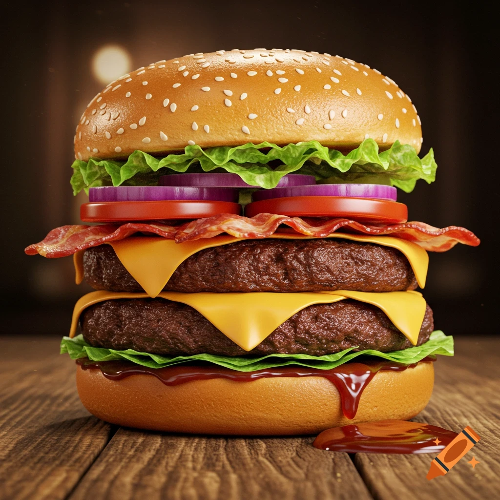 A photorealistic double cheeseburger with bacon, lettuce, tomato, onion, and sauce, resting on a wooden table.