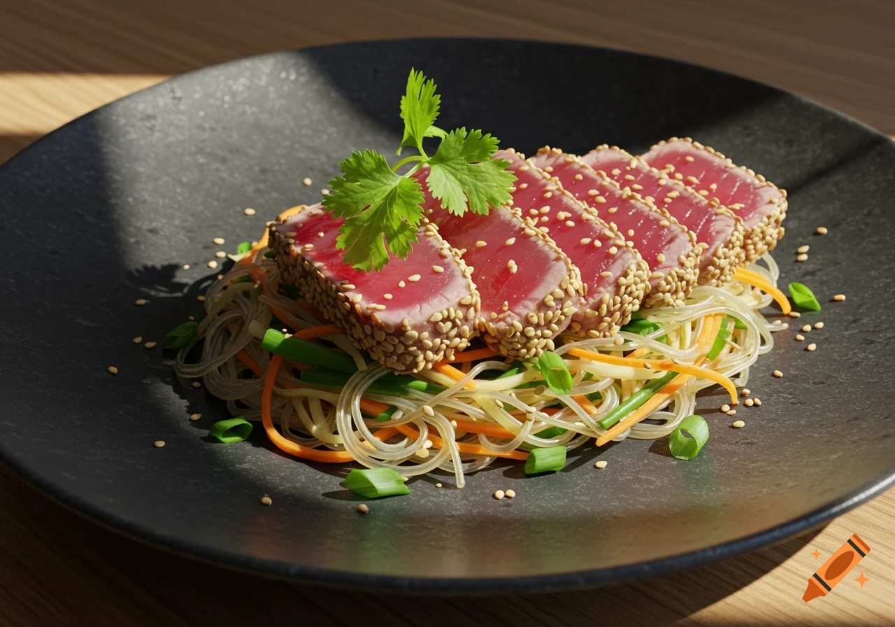 Photorealistic image of sesame-crusted rare tuna slices served over glass noodles with vegetables on a dark plate.