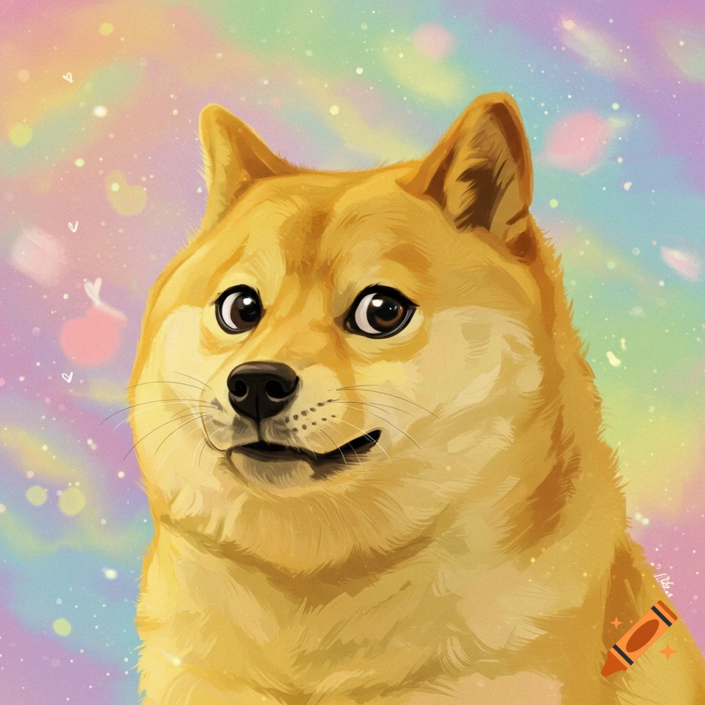 An illustrative close-up of a Shiba Inu dog, resembling the Doge meme, against a pastel rainbow and sparkly background.