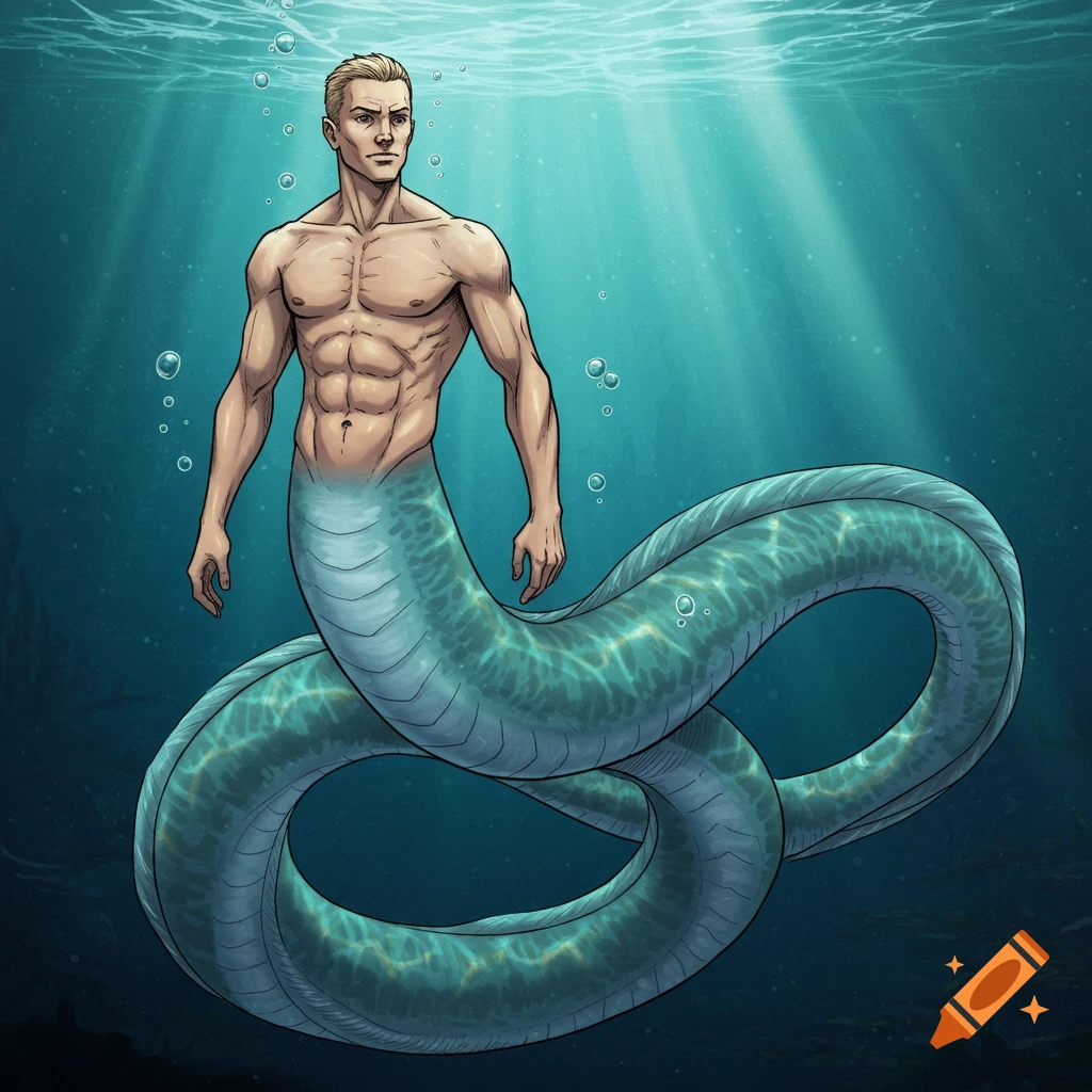 Illustration of a muscular male eel man swimming underwater with light rays from above.