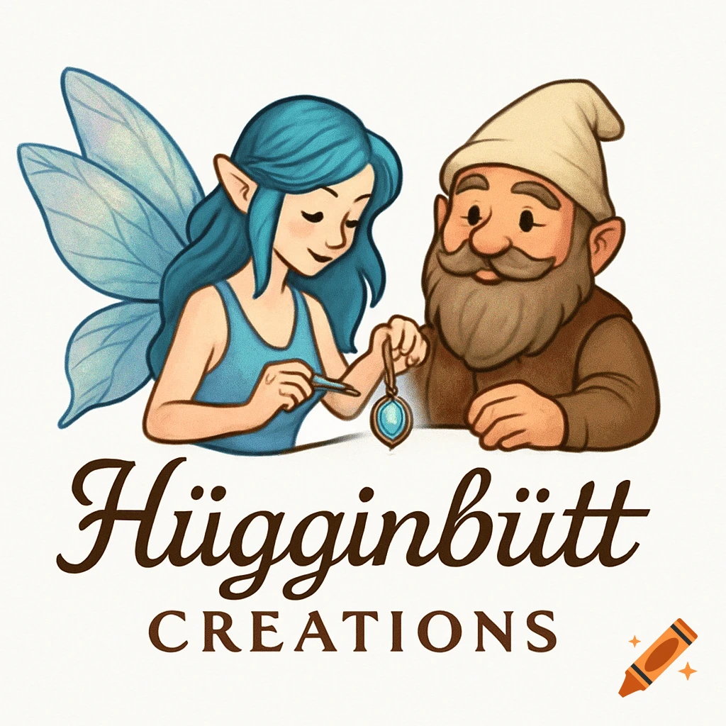 A whimsical illustration logo featuring a blue-haired fairy crafting jewelry next to a bearded gnome, with 'Hügginbütt Creations' text below.