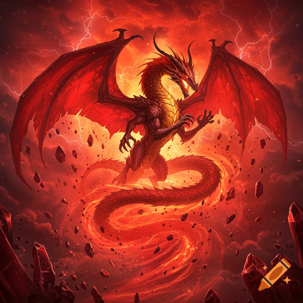A majestic red dragon with large wings rises from a fiery, ruby-red tornado with flying rocks and lightning.