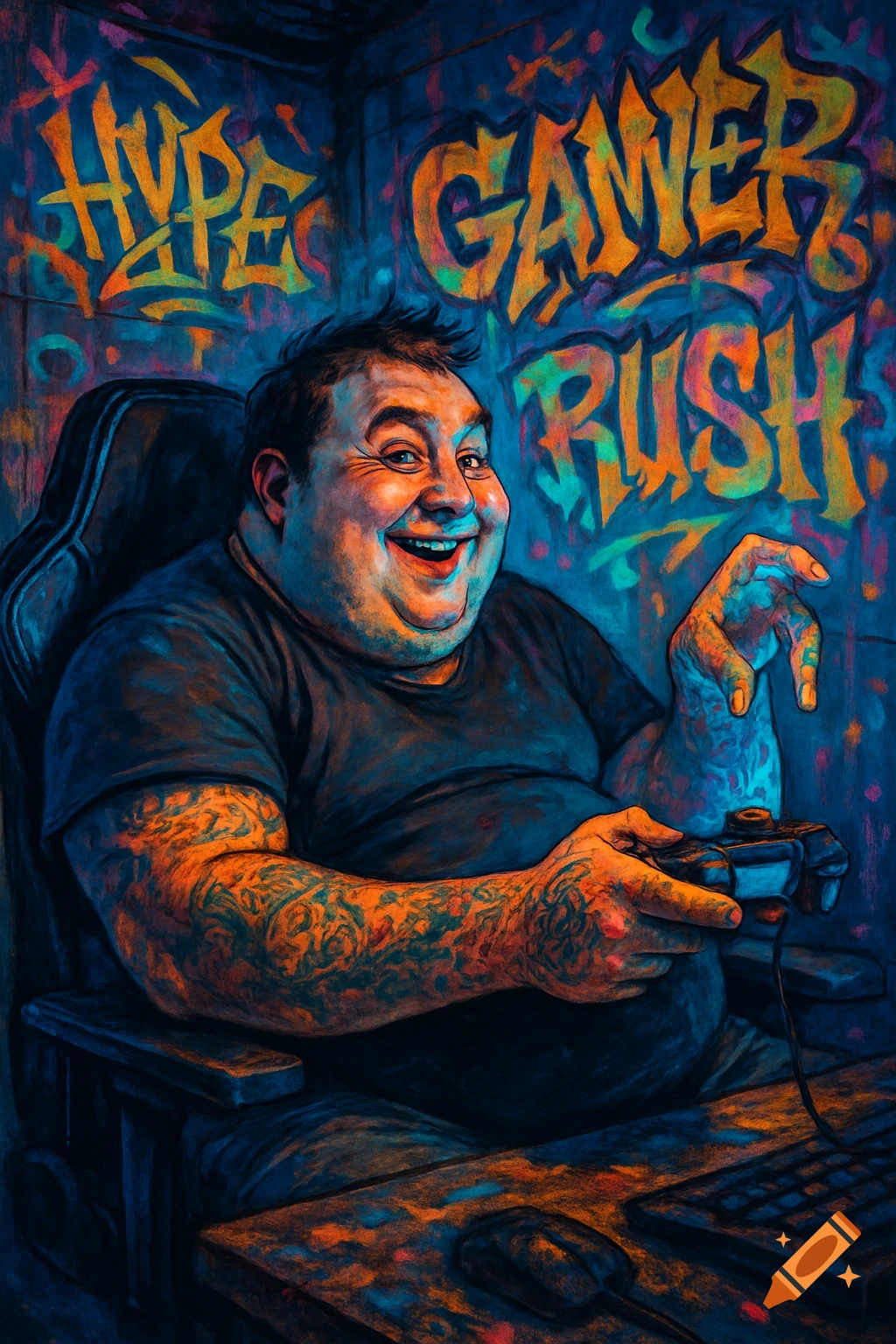 Vibrant digital art of a happy, tattooed man playing video games with a controller, against a graffiti wall with 'HYPE GAMER RUSH'.