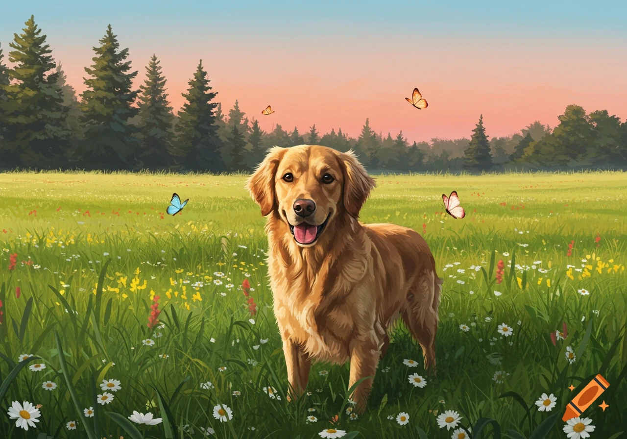 Happy Golden Retriever dog standing in a vibrant green wildflower field with butterflies under a sunset sky, illustrated.