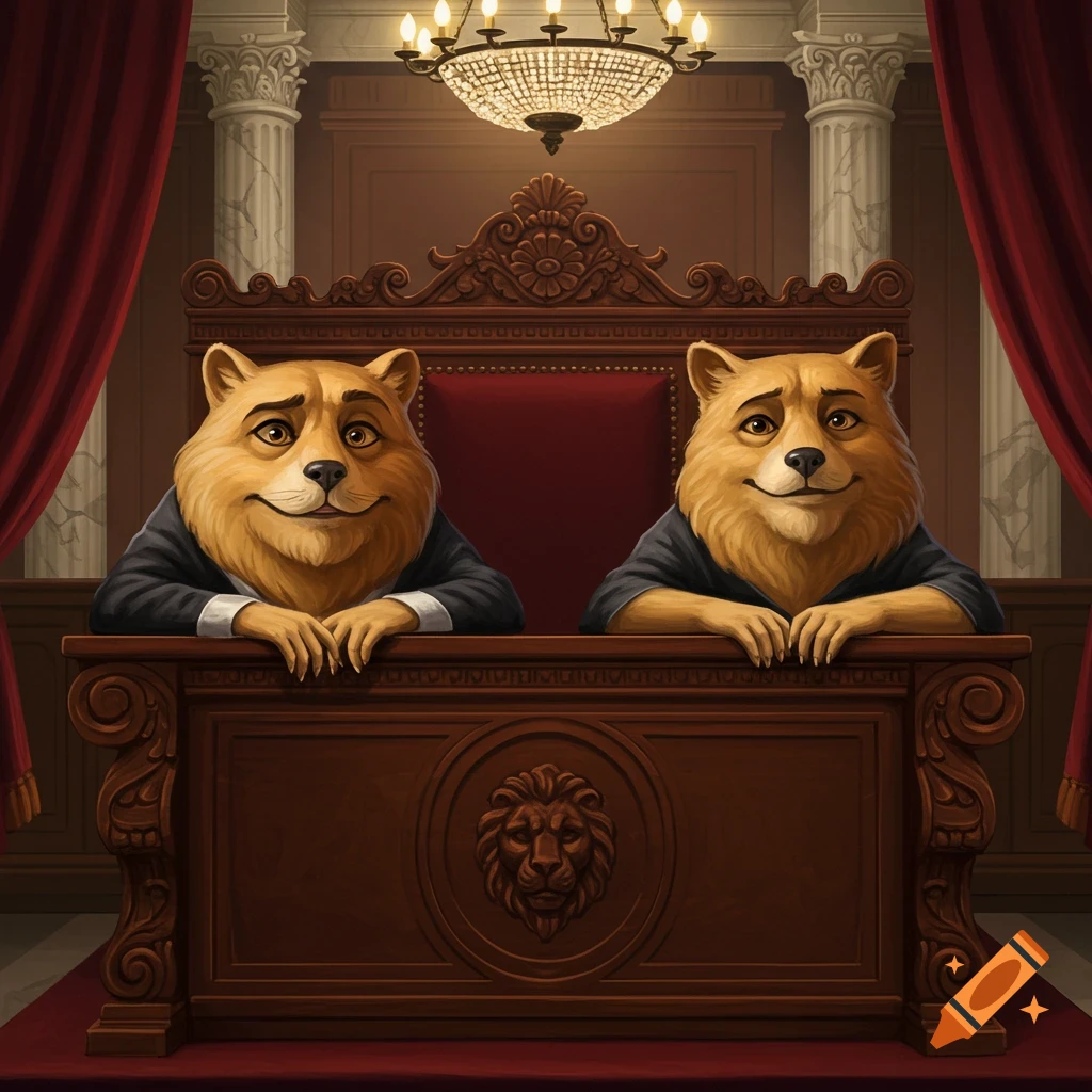 Two smiling anthropomorphic dog figures in judicial robes sit behind an ornate wooden bench in a grand courtroom.