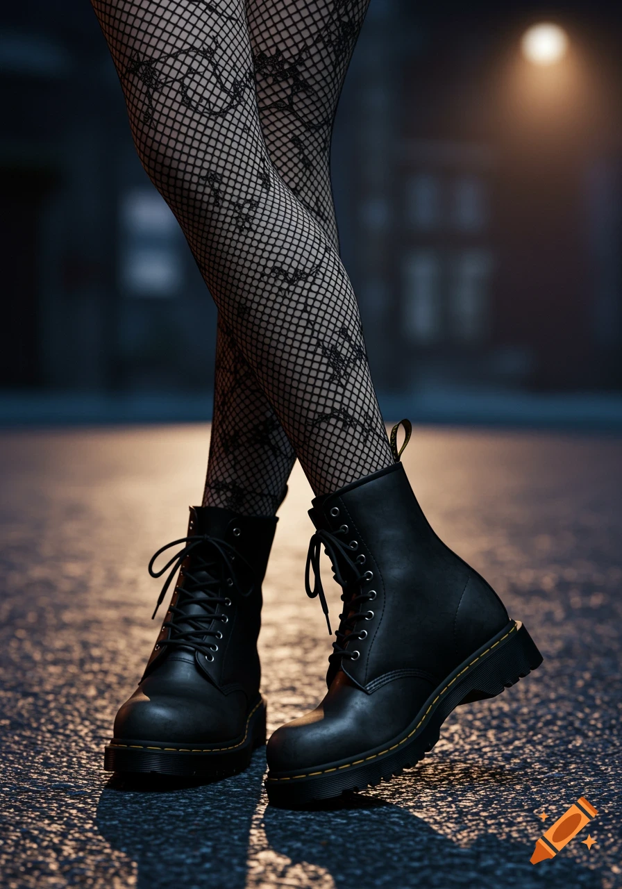Close-up of crossed legs wearing black fishnet stockings and black lace-up boots on a wet, dark street at night.