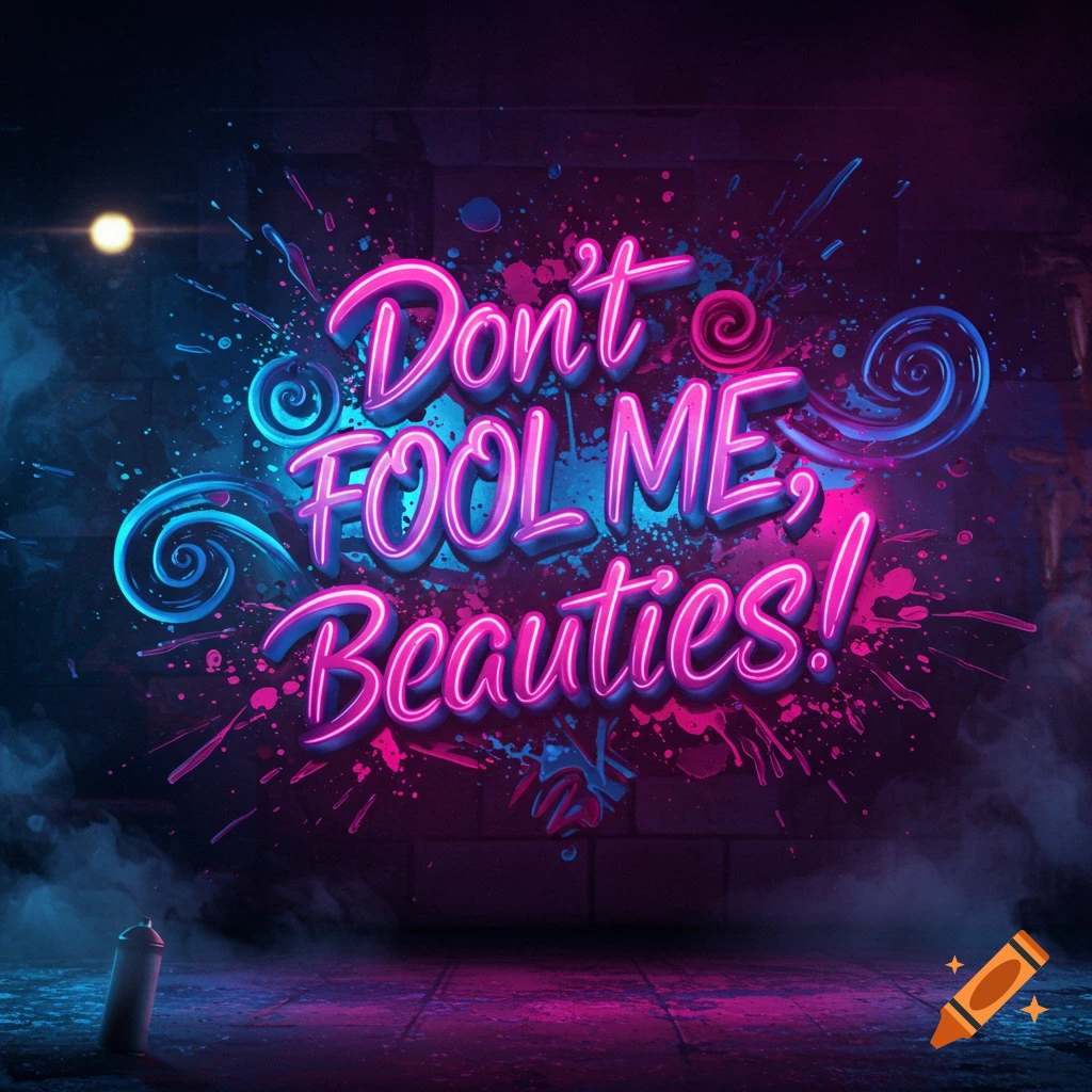 Vibrant neon sign with pink and blue text 'Don't FOOL ME, Beauties!' on a dark, splattered brick wall with smoke.