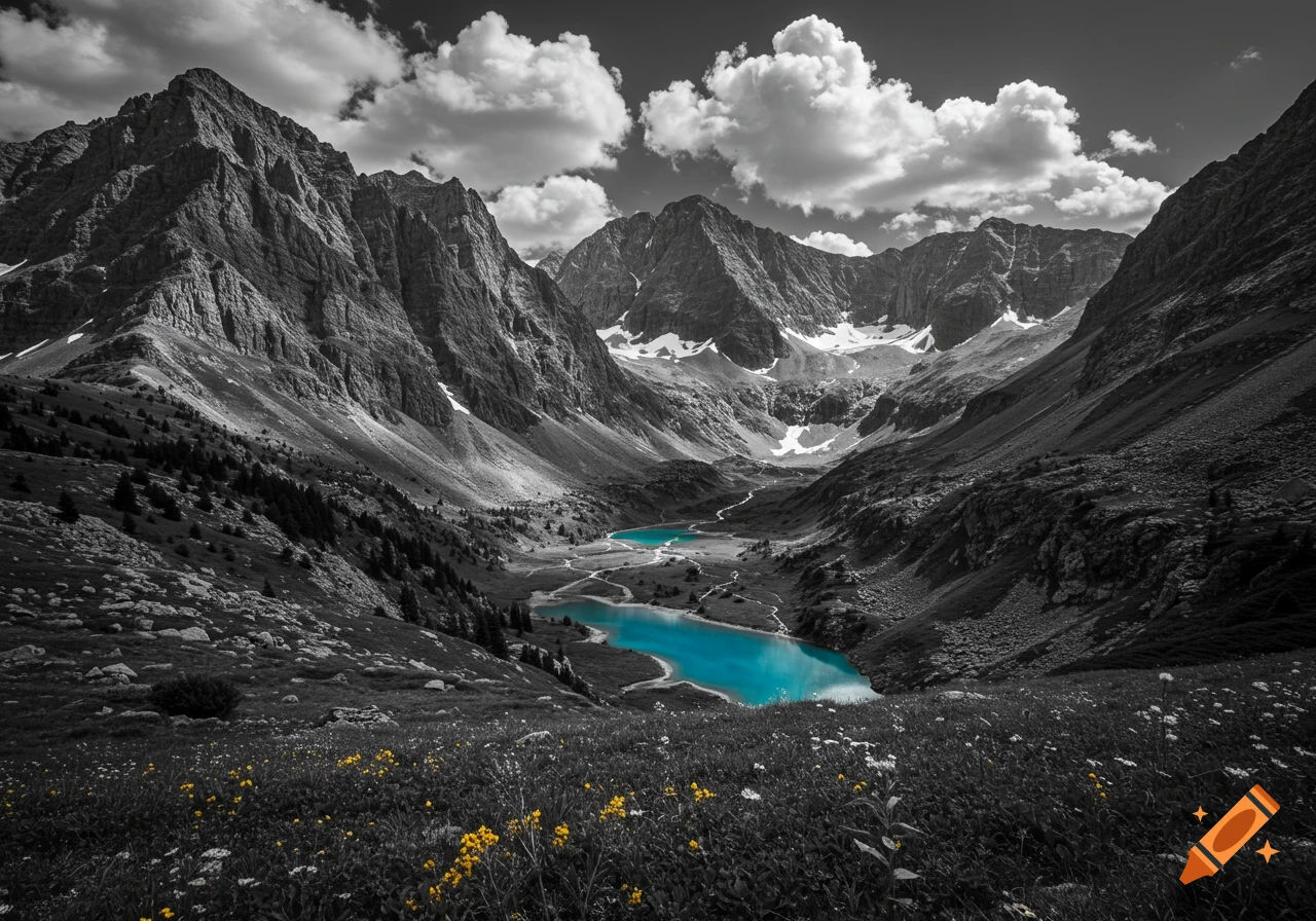 A dramatic black and white mountain valley with vibrant turquoise lakes, snow-capped peaks, and yellow flowers in the foreground.