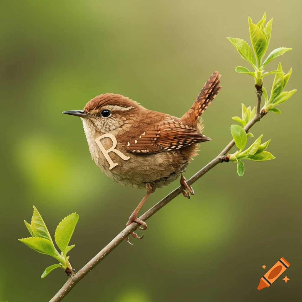 A small brown wren perched on a branch with new green leaves, with the letter 'R' visible on its chest.