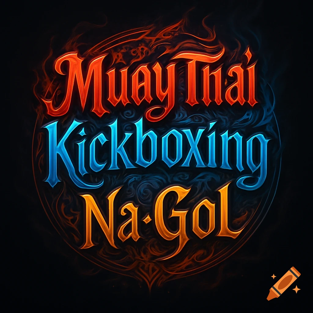 Stylized text 'Muay Thai Kickboxing Na Gol' in a fiery, circular design against a dark background.