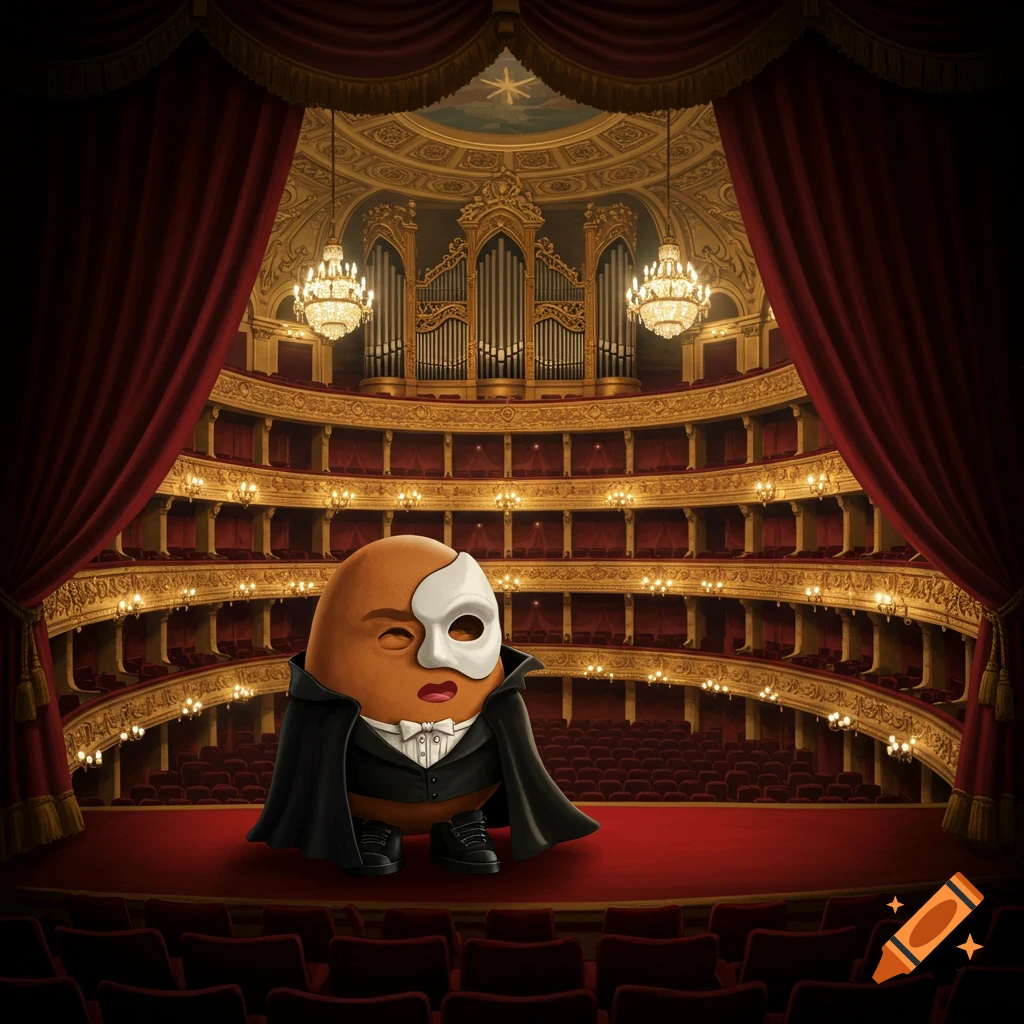 A whimsical illustration of a potato character dressed as the Phantom of the Opera standing on a stage in a grand, empty opera house.