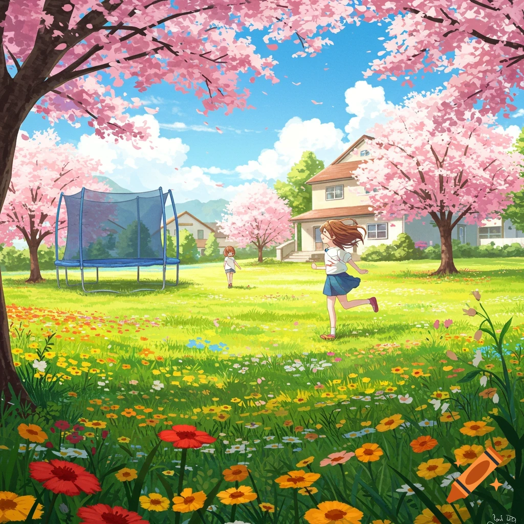 Anime style illustration of a girl running through a spring meadow with flowers, blooming cherry trees, a trampoline, and houses.
