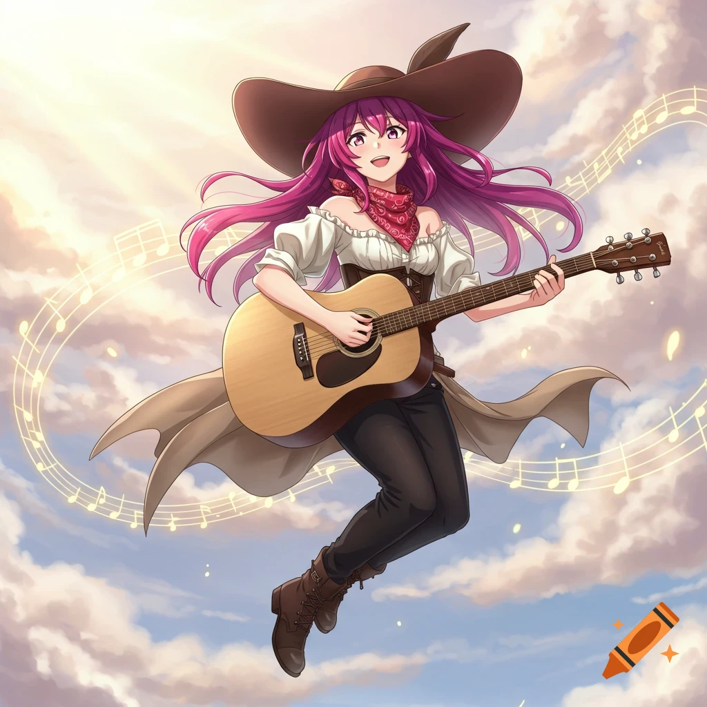 An anime girl with pink hair, wearing a brown cowboy hat, white off-shoulder corset shirt, and black pants, floats in a sunny, cloudy sky while playing an acoustic guitar. Glowing musical notes encircle her as she smiles.