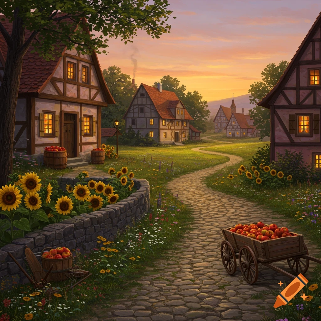 A serene village scene with half-timbered houses, a winding cobblestone path, sunflowers, and a warm sunset sky.