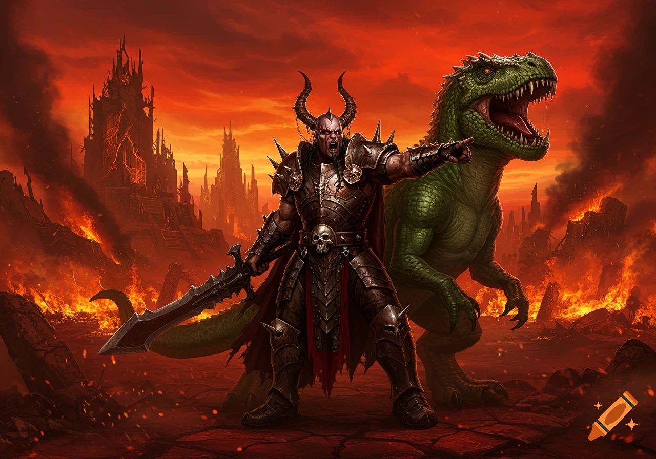 A horned warrior with a sword points alongside a green Tyrannosaurus Rex in a burning, ruined landscape under a red sky.