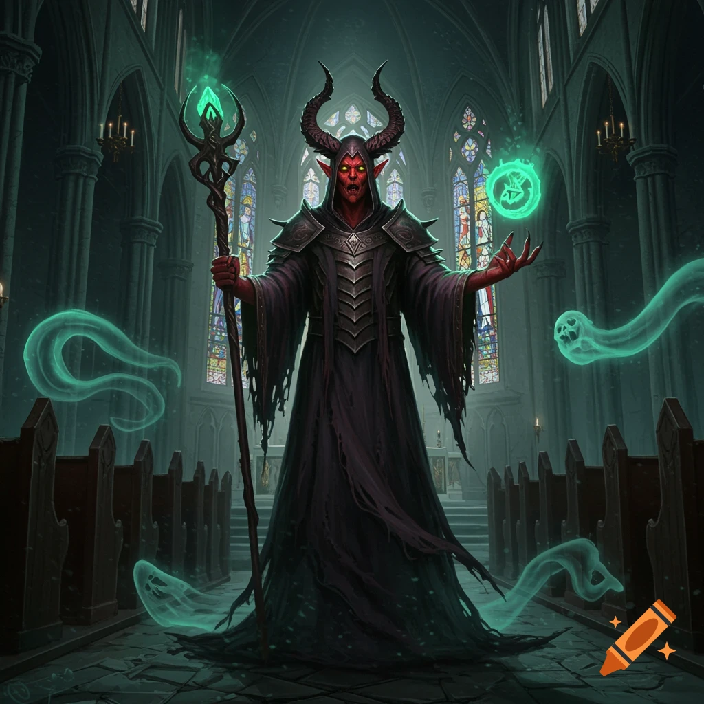 A red-skinned demon with horns in dark robes holds a staff and conjures green spirits and symbols in a gothic church.