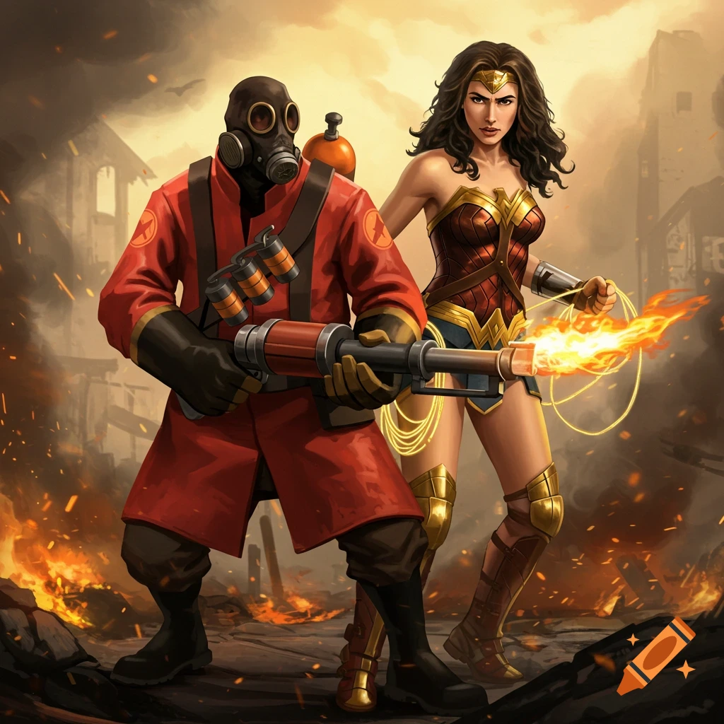 Pyro from Team Fortress 2 and Wonder Woman stand together amidst a fiery, war-torn landscape, with Pyro holding a flamethrower and Wonder Woman wielding her Lasso of Truth.