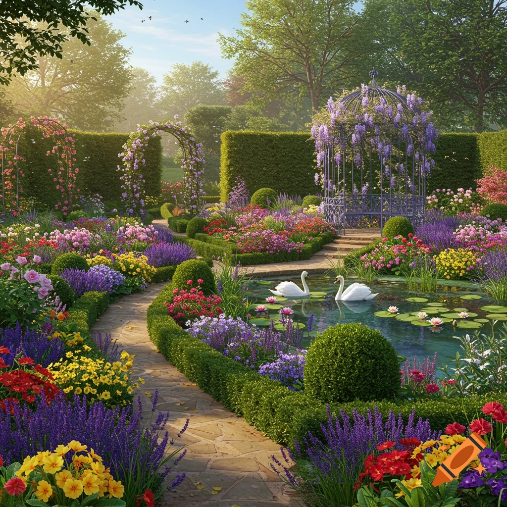 A vibrant, photorealistic garden with a stone path, colorful flowers, lush hedges, a pond with two swans, and a wisteria-covered gazebo.