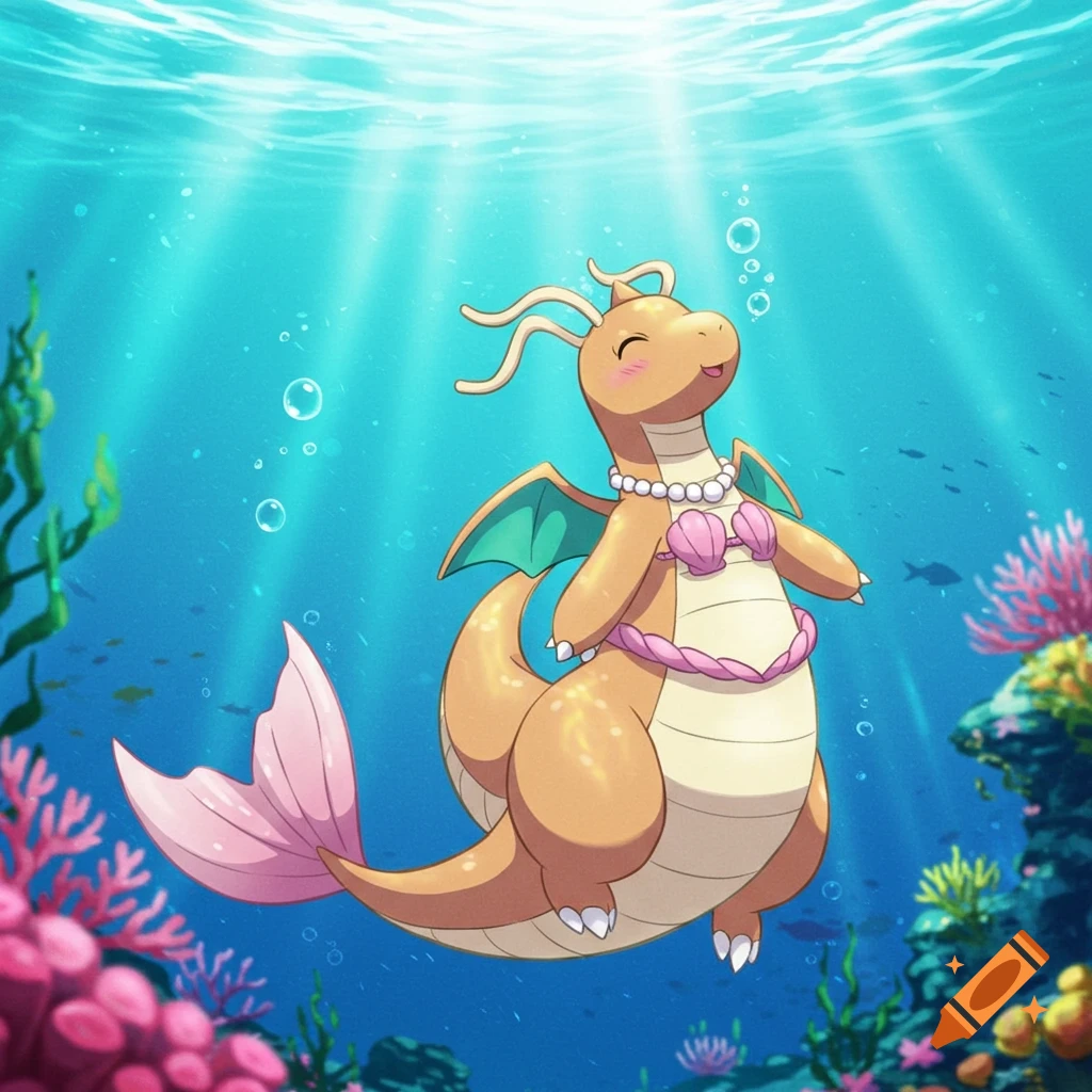Anime style Dragonite mermaid happily floating underwater with pink seashell bra and tail amidst coral and bubbles.