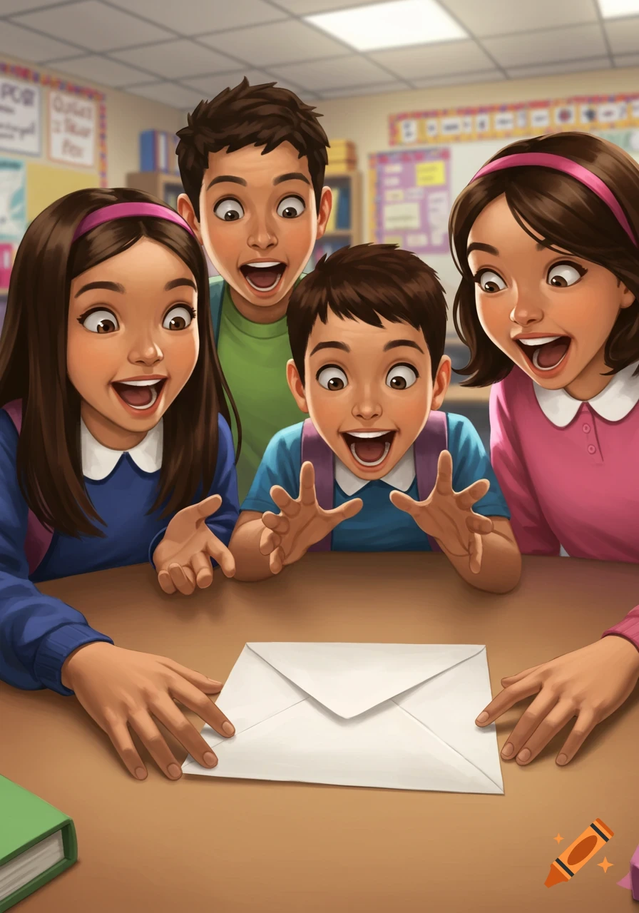 Four excited cartoon students in a classroom looking at an envelope on a desk.