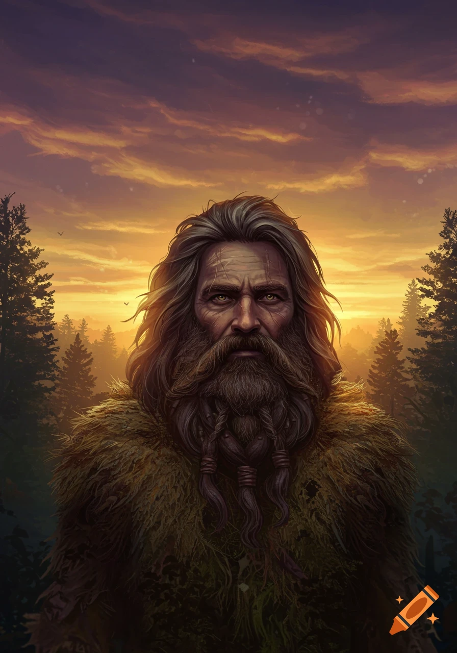 Close-up portrait of a rugged man with long grey hair and a braided beard, wearing a mossy cloak, against a forest sunset.