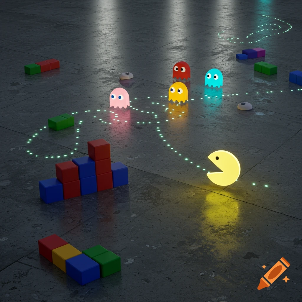Glowing Pac-Man and four colorful ghosts on a concrete floor with light trails and scattered Tetris-like blocks.