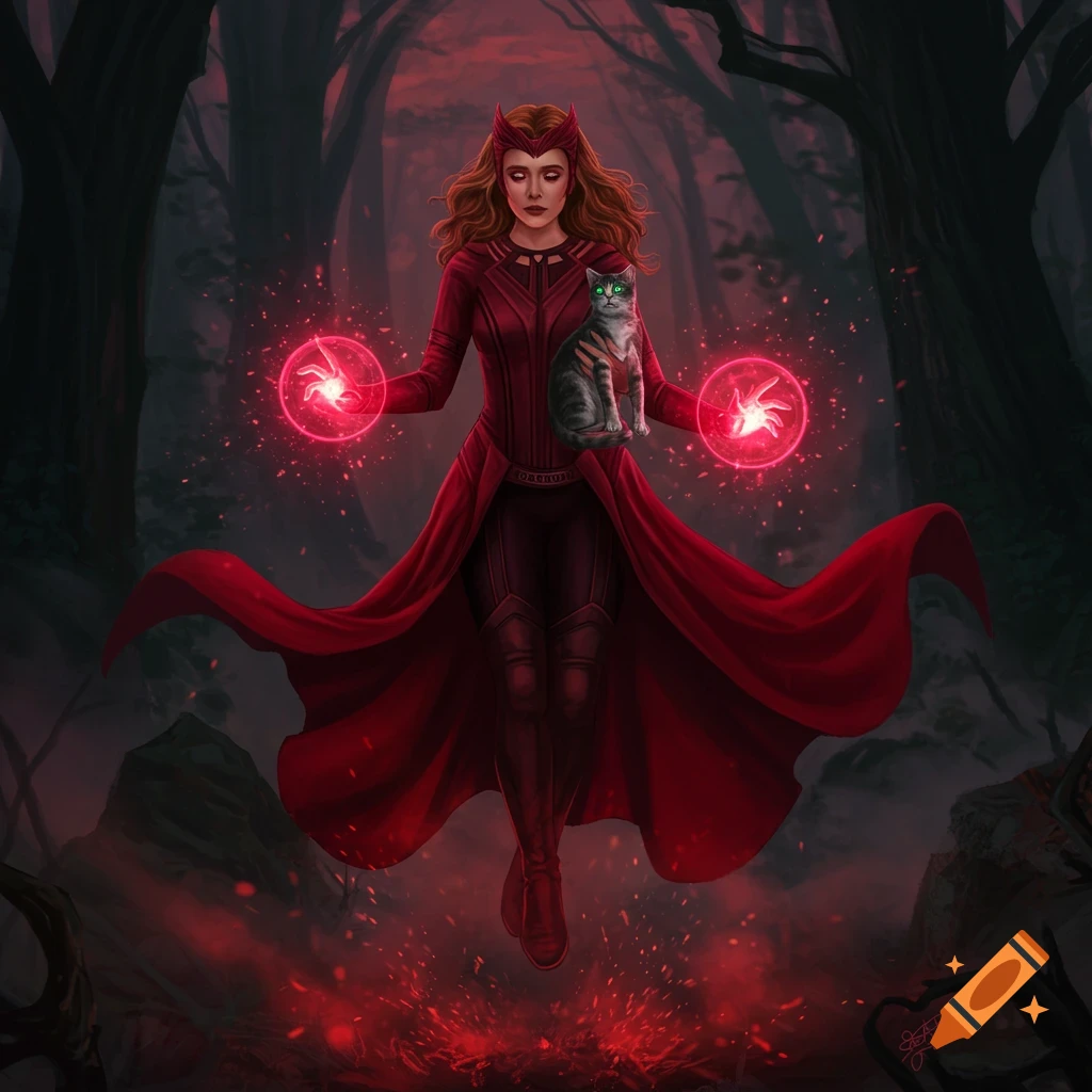 Scarlet Witch in a red outfit levitates in a dark forest, casting red magic while holding a gray cat. Digital painting.