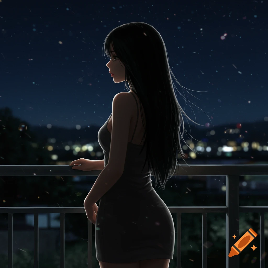 Anime-style illustration of a young woman with long black hair standing on a balcony at night, looking out at city lights.