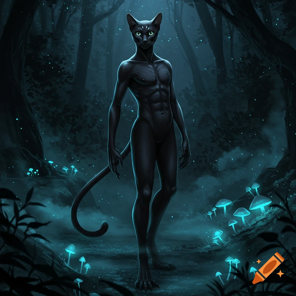 A muscular humanoid black cat with glowing green eyes stands in a dark, mysterious forest illuminated by bioluminescent blue mushrooms.