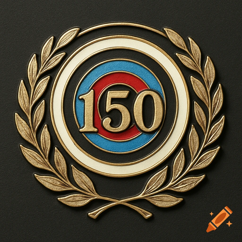Gold embossed circular emblem with a laurel wreath and the number 150 in the center, on a dark background.