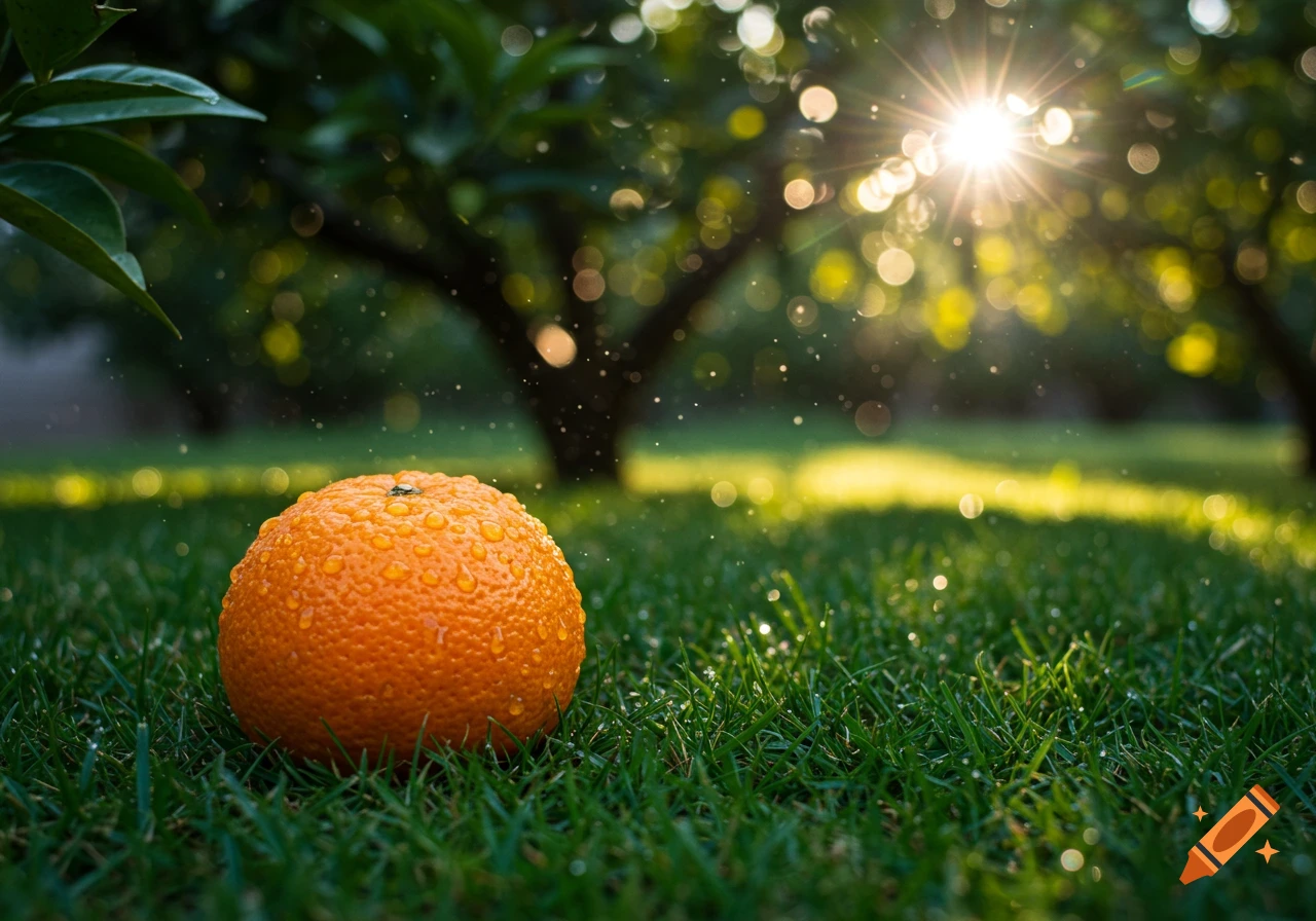 Close-up of a wet orange on green grass with sun rays through trees in the background, photorealistic.