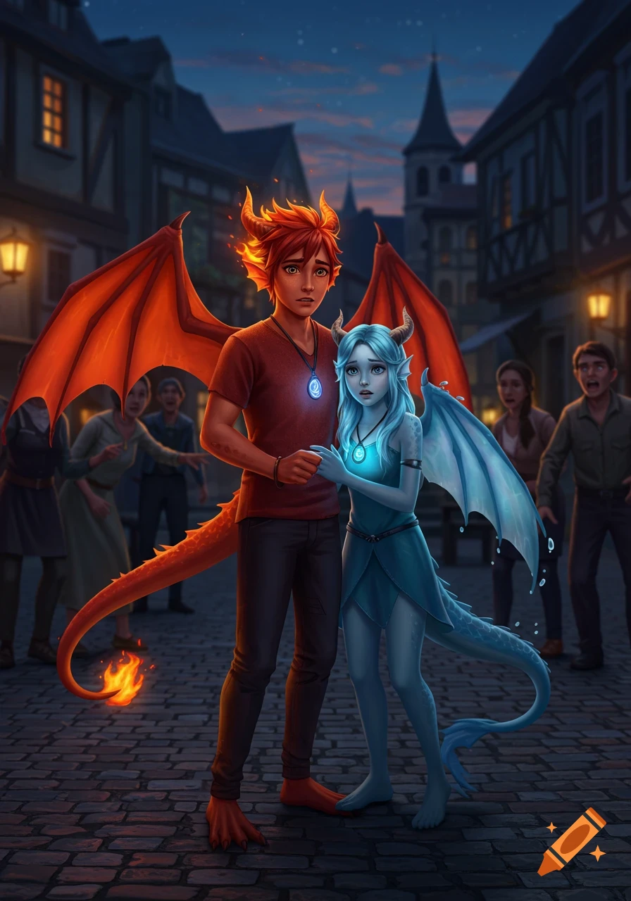 A red-haired fire dragon boy and a blue water dragon girl stand on a cobblestone street at night, with scared humans in the background. Realistic cartoon style.