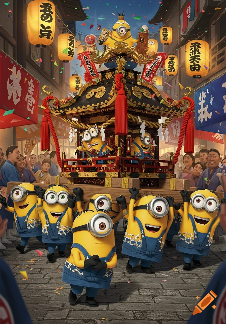 3D animated Minions in Japanese festival attire carrying a decorated portable shrine through a crowded street filled with onlookers, lanterns, and confetti.