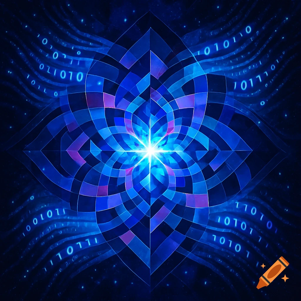 Abstract digital art with a glowing blue and purple geometric fractal pattern, surrounded by binary code.