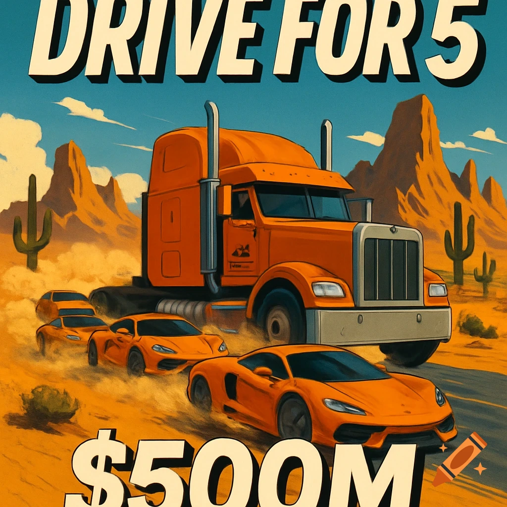 A poster with an orange semi-truck and three orange sports cars racing in a desert landscape, with mountains and cactuses in the background. Text reads "DRIVE FOR 5" and "$500M".