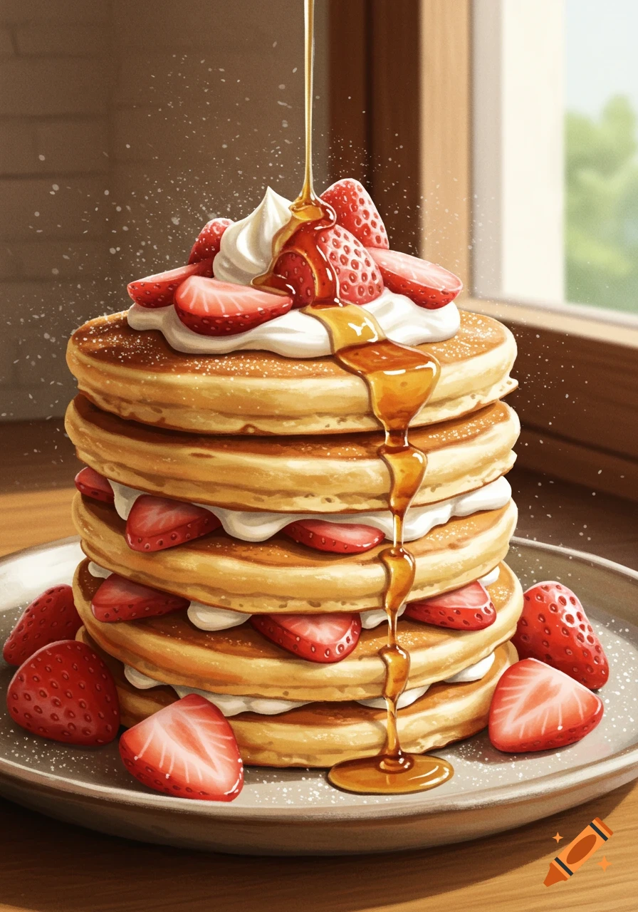A tall stack of fluffy pancakes topped with whipped cream, sliced strawberries, and maple syrup drizzling down, on a plate.