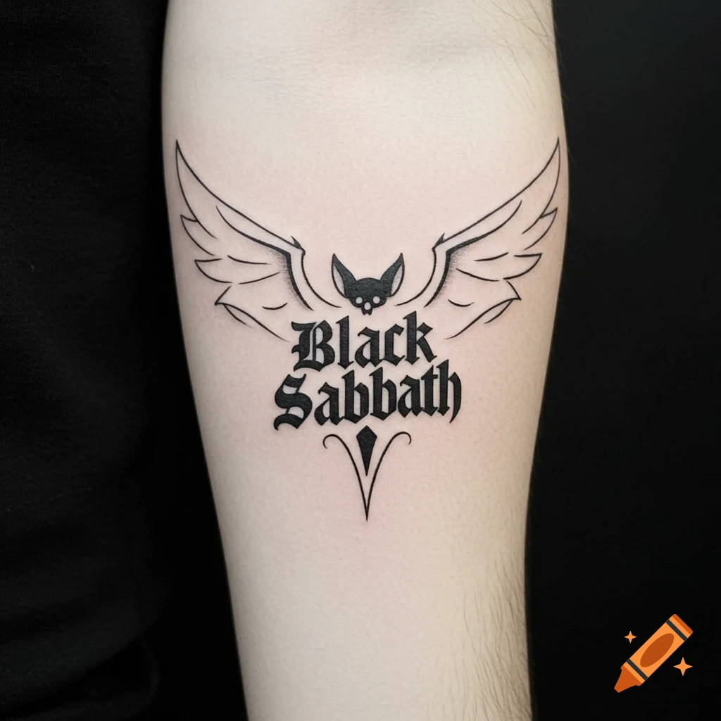 A detailed black ink tattoo of the Black Sabbath bat logo on a person's forearm.