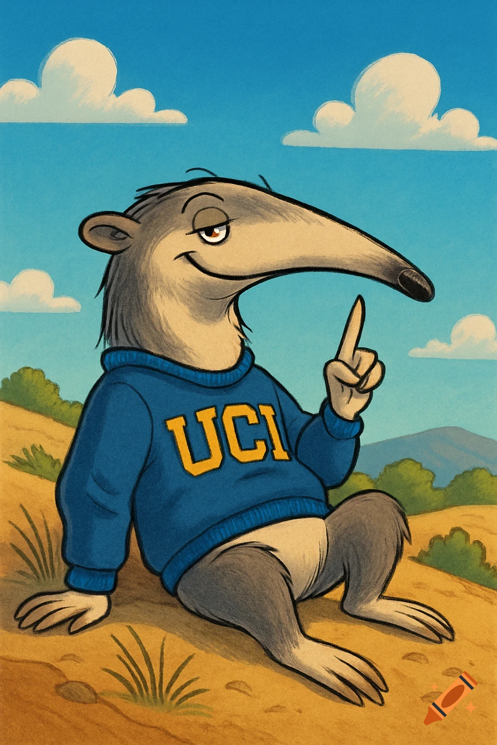 A smug cartoon anteater wearing a blue sweatshirt with "UCI" in gold letters, sitting on a hill under a blue sky.